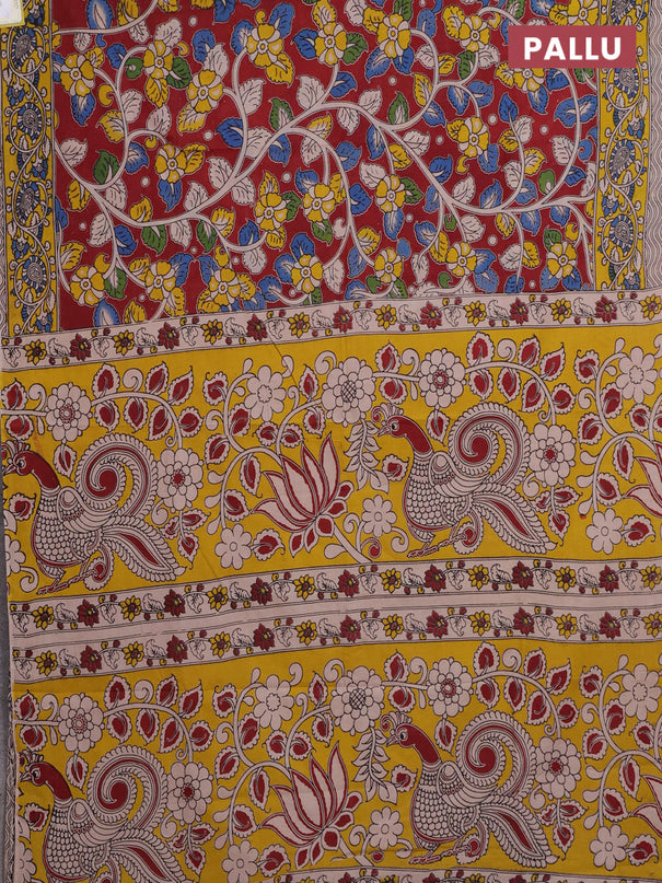 Kalamkari cotton saree maroon and yellow with allover prints and printed border