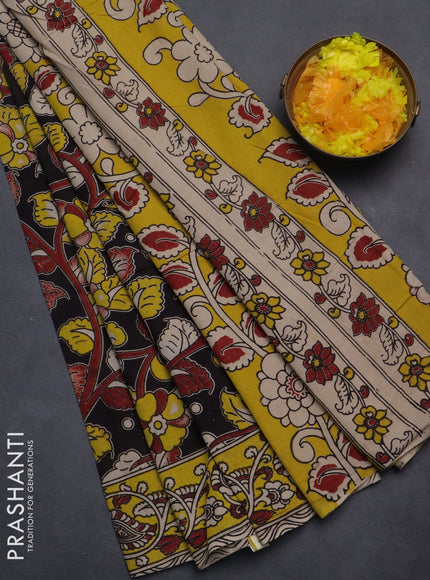 Kalamkari cotton saree black and yellow with allover prints and printed border