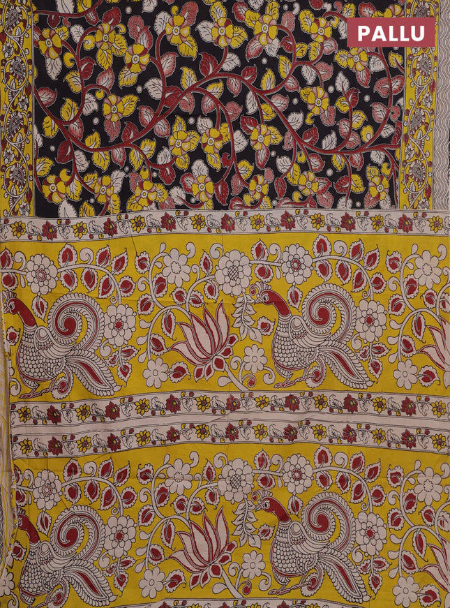Kalamkari cotton saree black and yellow with allover prints and printed border