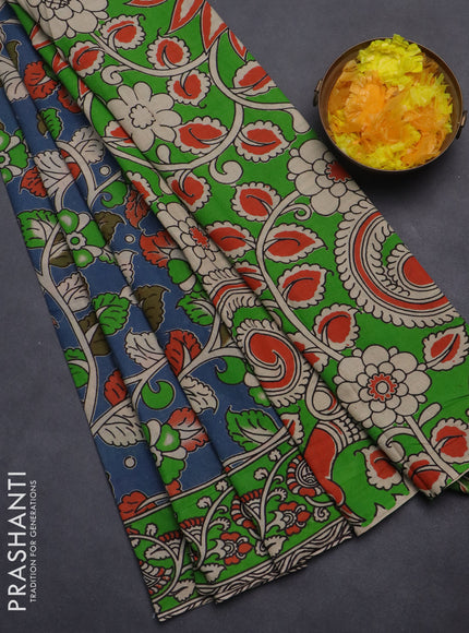 Kalamkari cotton saree blue and green with allover prints and printed border