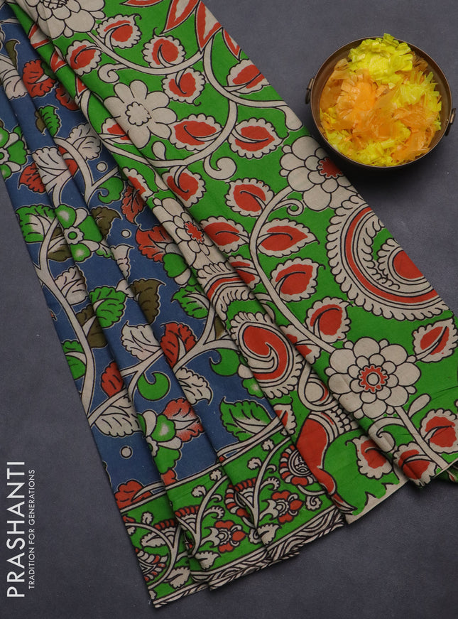 Kalamkari cotton saree blue and green with allover prints and printed border