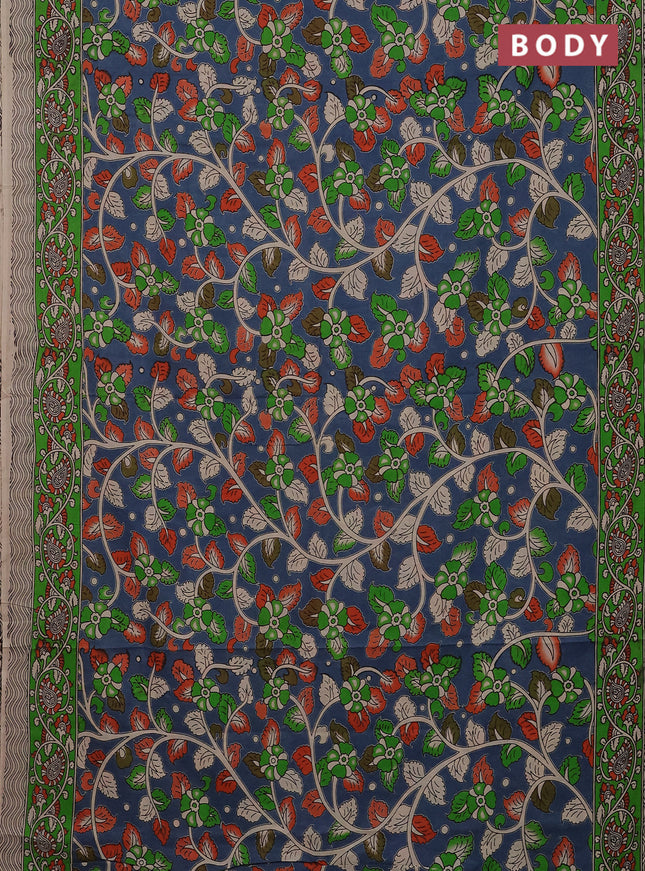 Kalamkari cotton saree blue and green with allover prints and printed border