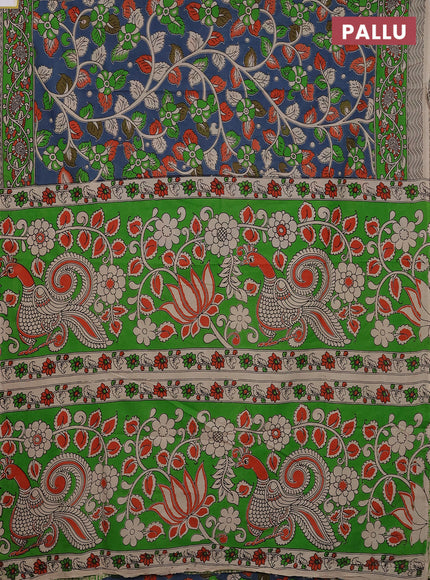 Kalamkari cotton saree blue and green with allover prints and printed border