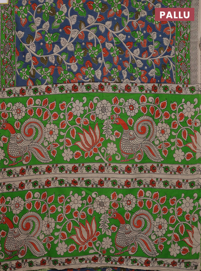 Kalamkari cotton saree blue and green with allover prints and printed border