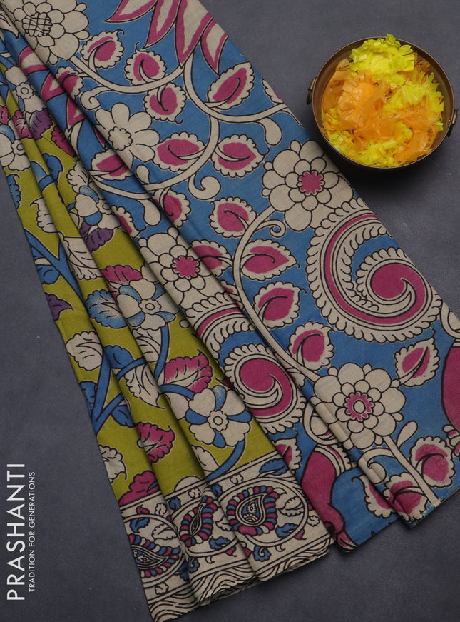 Kalamkari cotton saree lime green and beige with allover prints and printed border