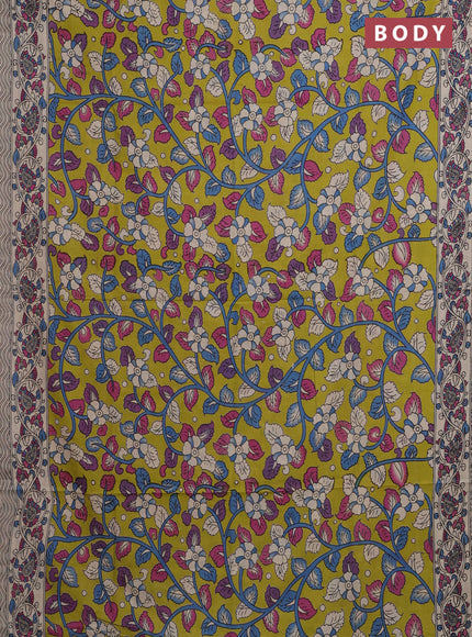 Kalamkari cotton saree lime green and beige with allover prints and printed border