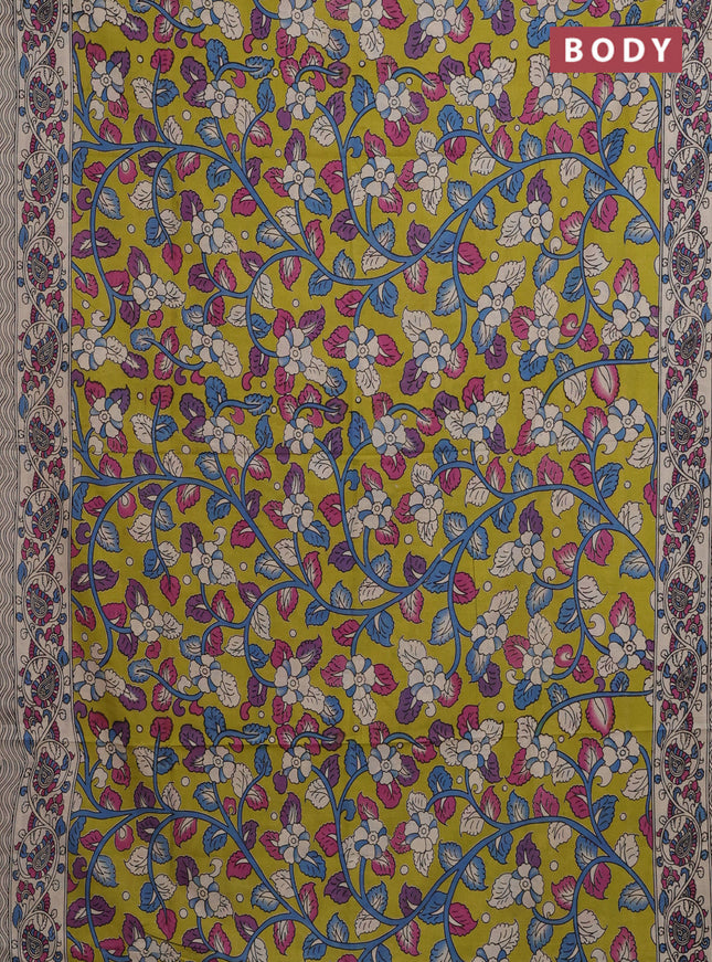 Kalamkari cotton saree lime green and beige with allover prints and printed border