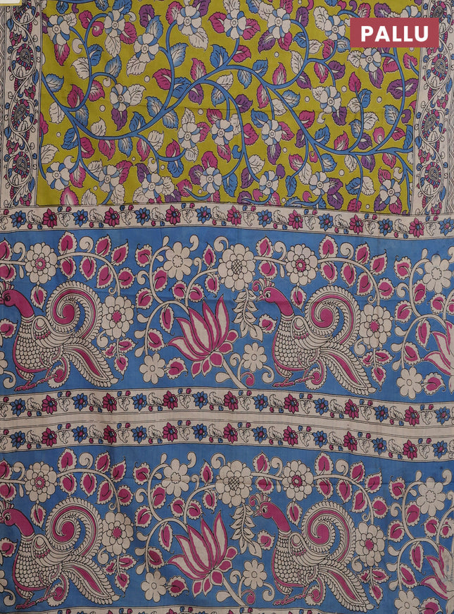 Kalamkari cotton saree lime green and beige with allover prints and printed border