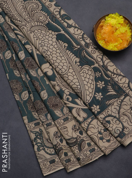 Kalamkari cotton saree greyish green and beige with allover prints and printed border