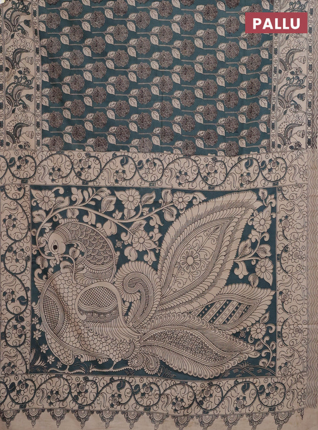 Kalamkari cotton saree greyish green and beige with allover prints and printed border