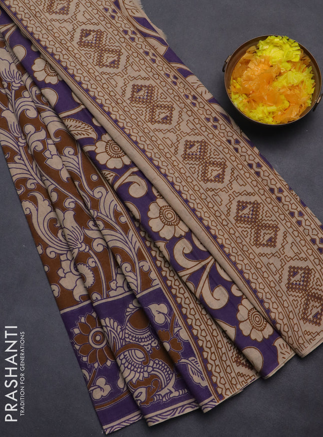 Kalamkari cotton saree brown and violet with allover prints and printed border