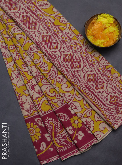 Kalamkari cotton saree yellow and pink with allover prints and printed border
