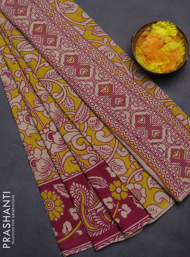 Kalamkari cotton saree yellow and pink with allover prints and printed border