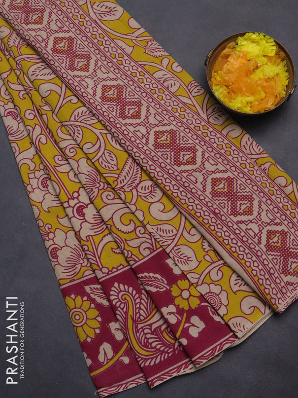 Kalamkari cotton saree yellow and pink with allover prints and printed border