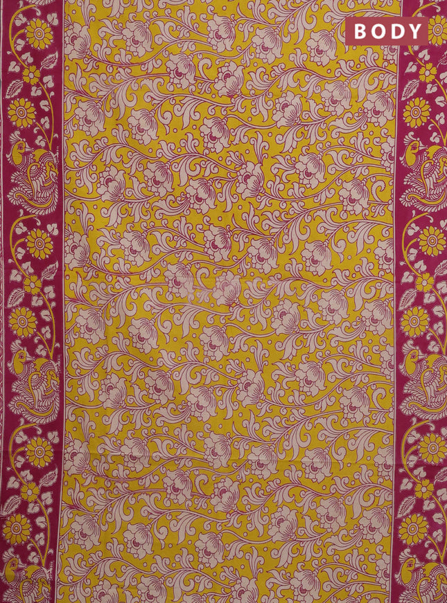 Kalamkari cotton saree yellow and pink with allover prints and printed border