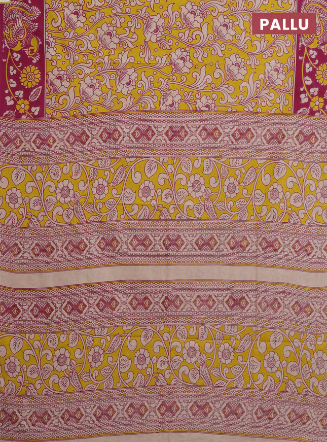 Kalamkari cotton saree yellow and pink with allover prints and printed border