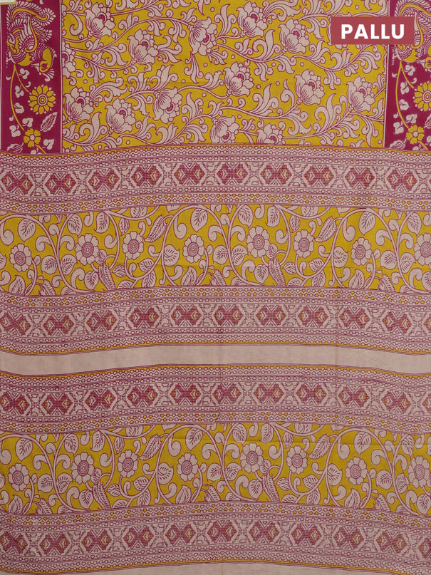 Kalamkari cotton saree yellow and pink with allover prints and printed border