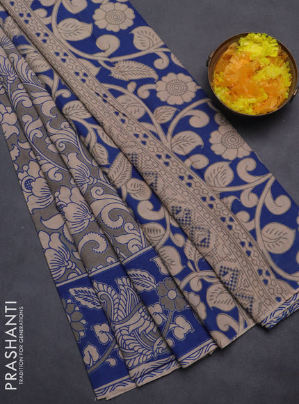 Kalamkari cotton saree grey and blue with allover prints and printed border