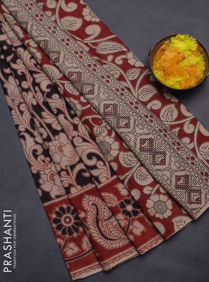 Kalamkari cotton saree black and maroon with allover prints and printed border