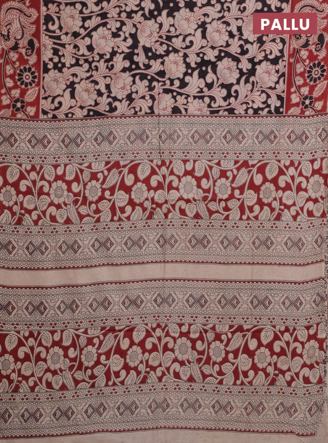 Kalamkari cotton saree black and maroon with allover prints and printed border