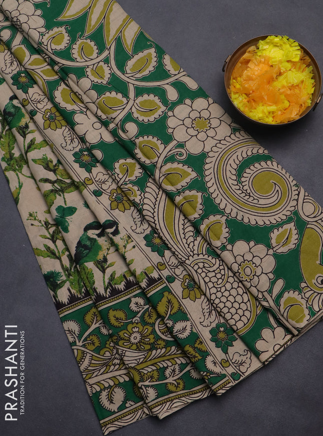 Kalamkari cotton saree beige and green with allover prints and printed border