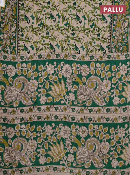 Kalamkari cotton saree beige and green with allover prints and printed border