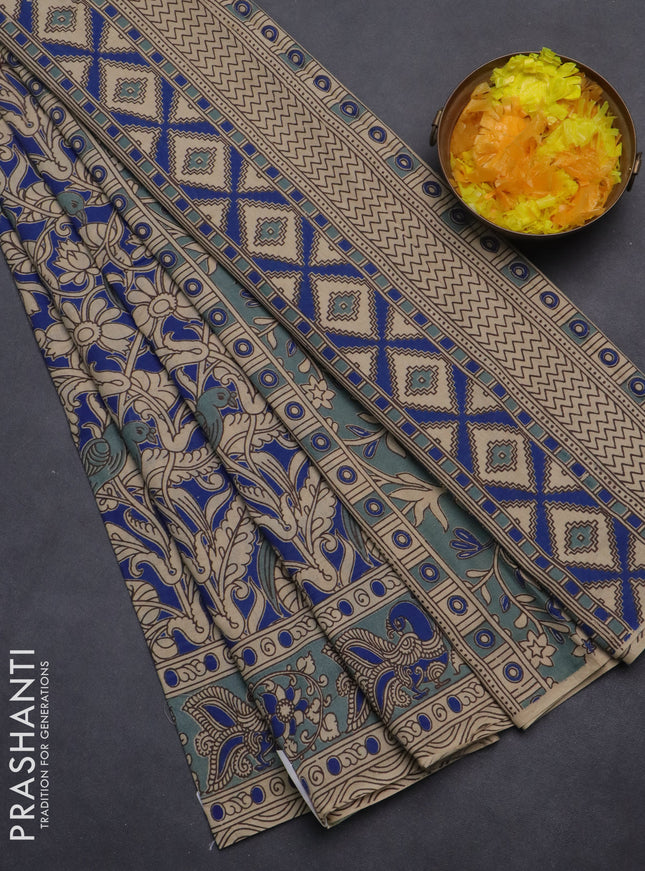 Kalamkari cotton saree blue and grey shade with allover prints and printed border