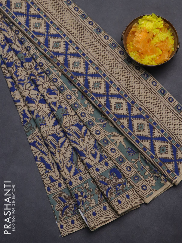 Kalamkari cotton saree blue and grey shade with allover prints and printed border