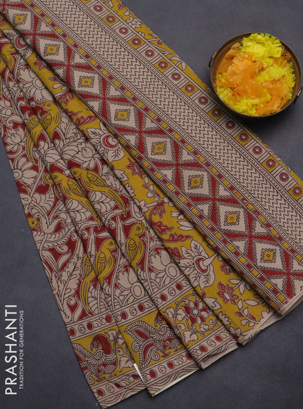 Kalamkari cotton saree maroon and yellow with allover prints and printed border