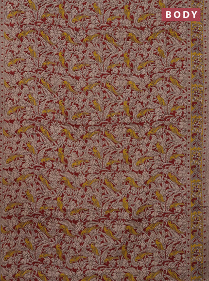 Kalamkari cotton saree maroon and yellow with allover prints and printed border