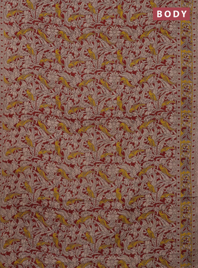 Kalamkari cotton saree maroon and yellow with allover prints and printed border