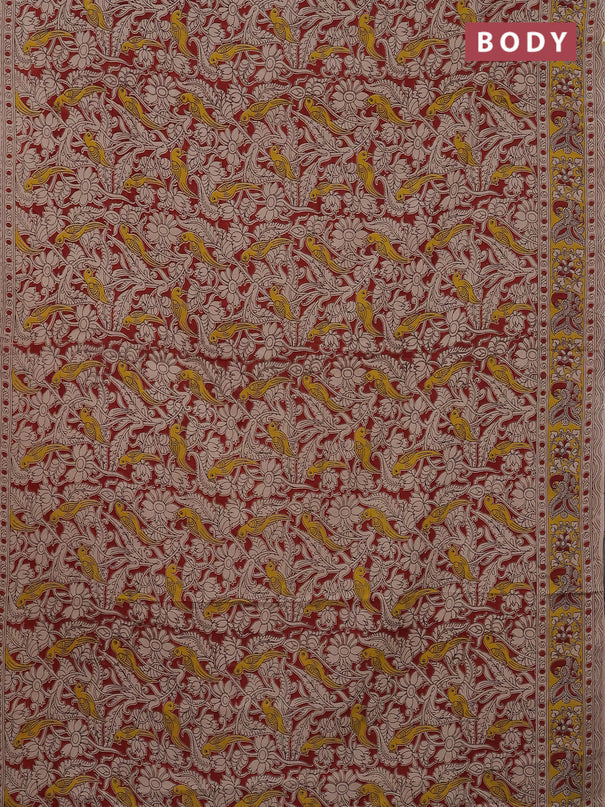 Kalamkari cotton saree maroon and yellow with allover prints and printed border
