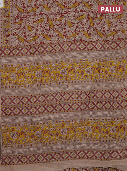 Kalamkari cotton saree maroon and yellow with allover prints and printed border