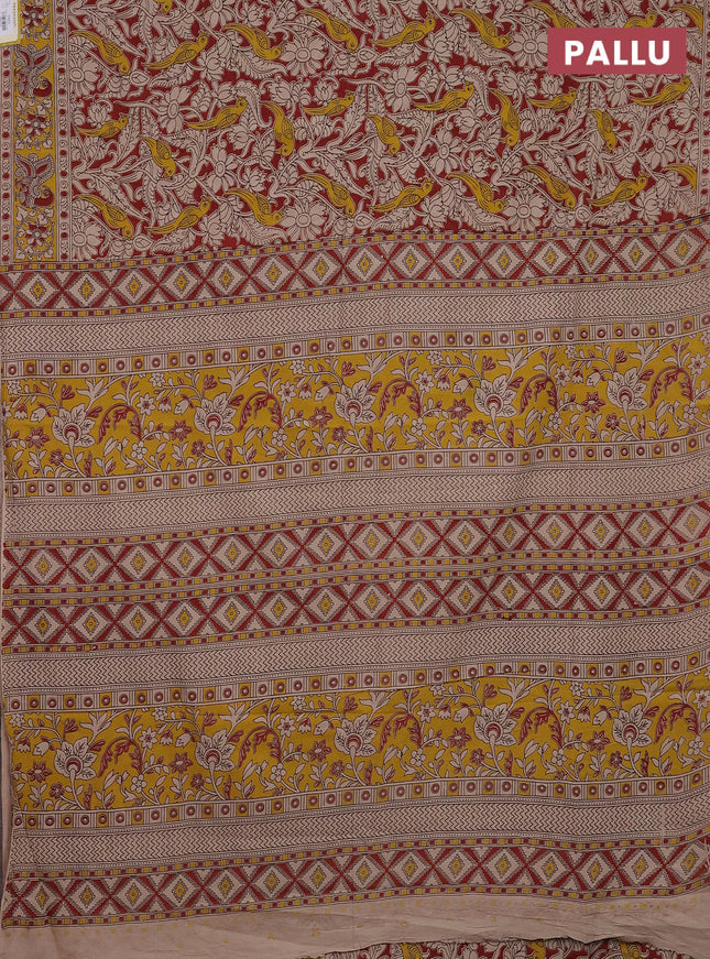 Kalamkari cotton saree maroon and yellow with allover prints and printed border