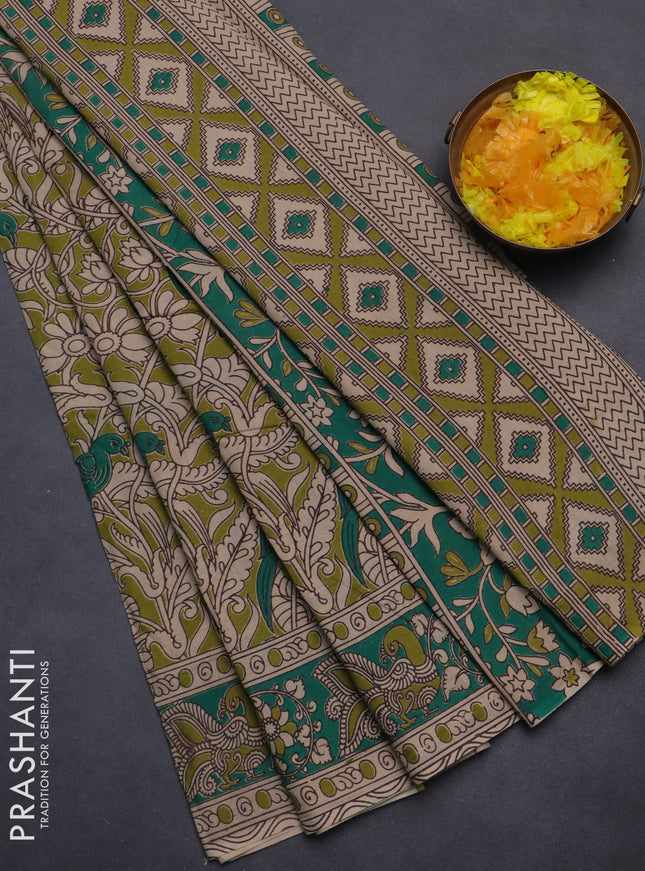 Kalamkari cotton saree mehendi green and teal green with allover prints and printed border