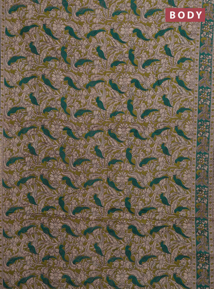 Kalamkari cotton saree mehendi green and teal green with allover prints and printed border