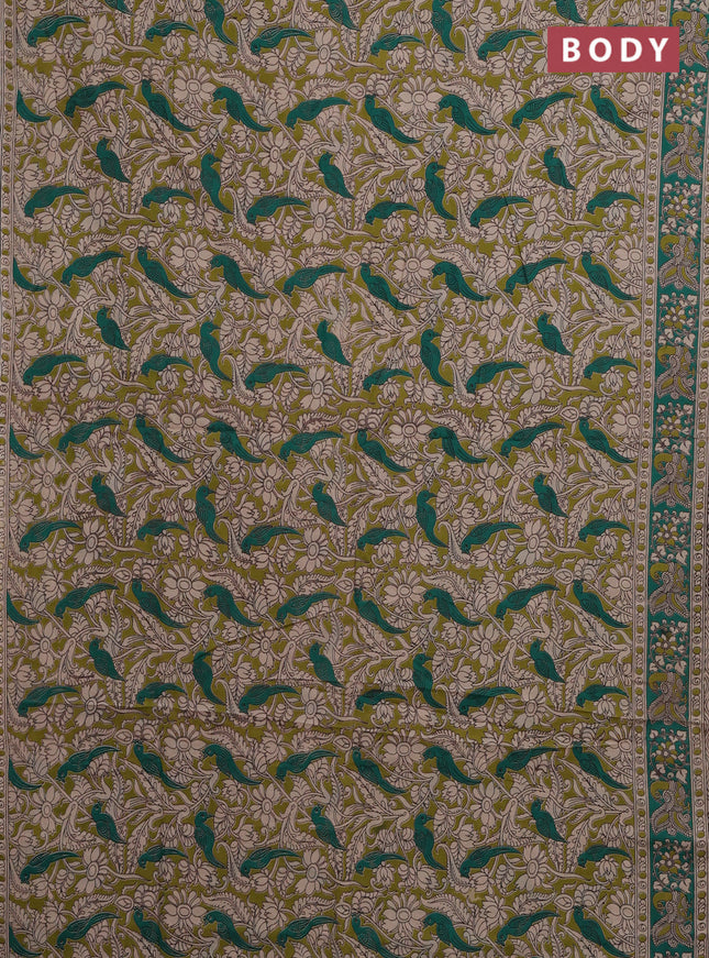 Kalamkari cotton saree mehendi green and teal green with allover prints and printed border