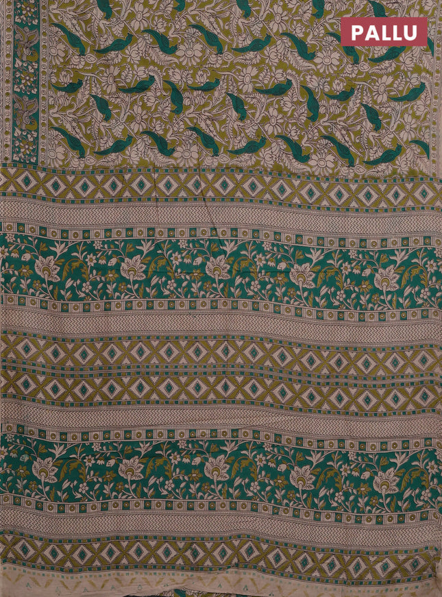 Kalamkari cotton saree mehendi green and teal green with allover prints and printed border
