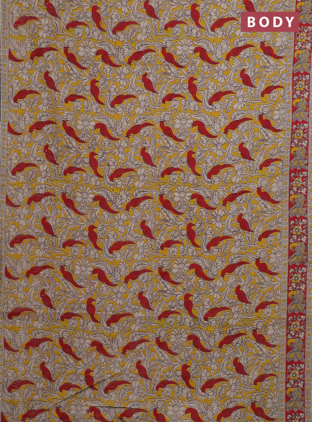 Kalamkari cotton saree yellow and red with allover prints and printed border