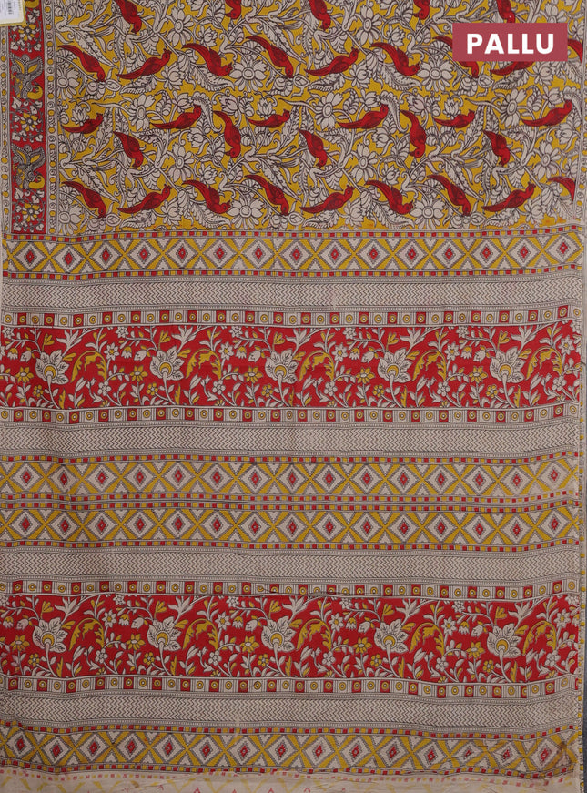 Kalamkari cotton saree yellow and red with allover prints and printed border