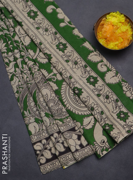 Kalamkari cotton saree green and black with allover prints and printed border