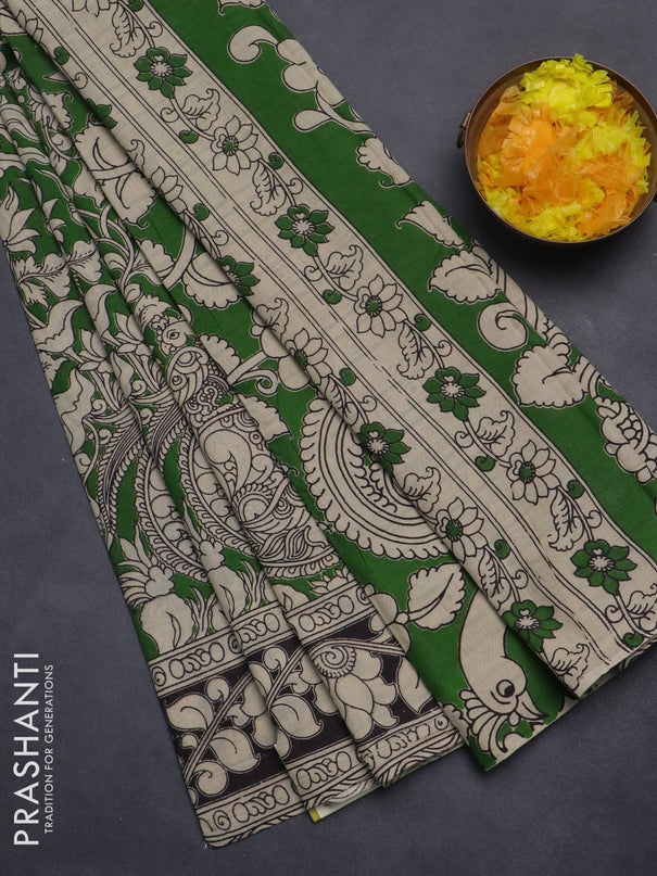 Kalamkari cotton saree green and black with allover prints and printed border