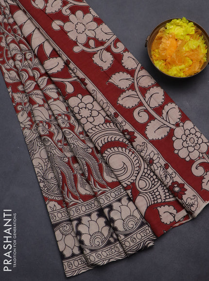 Kalamkari cotton saree maroon and black with allover prints and printed border