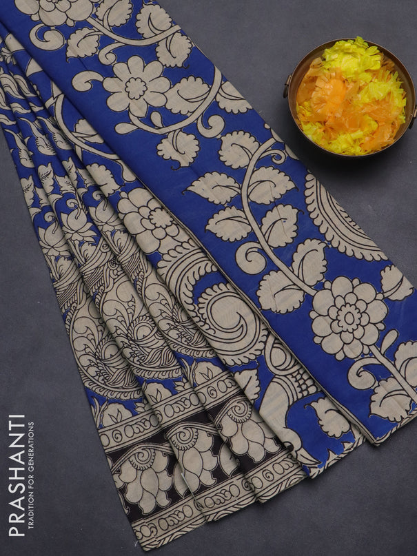 Kalamkari cotton saree blue and black with allover prints and printed border
