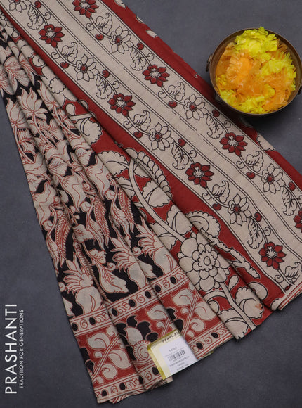 Kalamkari cotton saree black and maroon with allover prints and printed border
