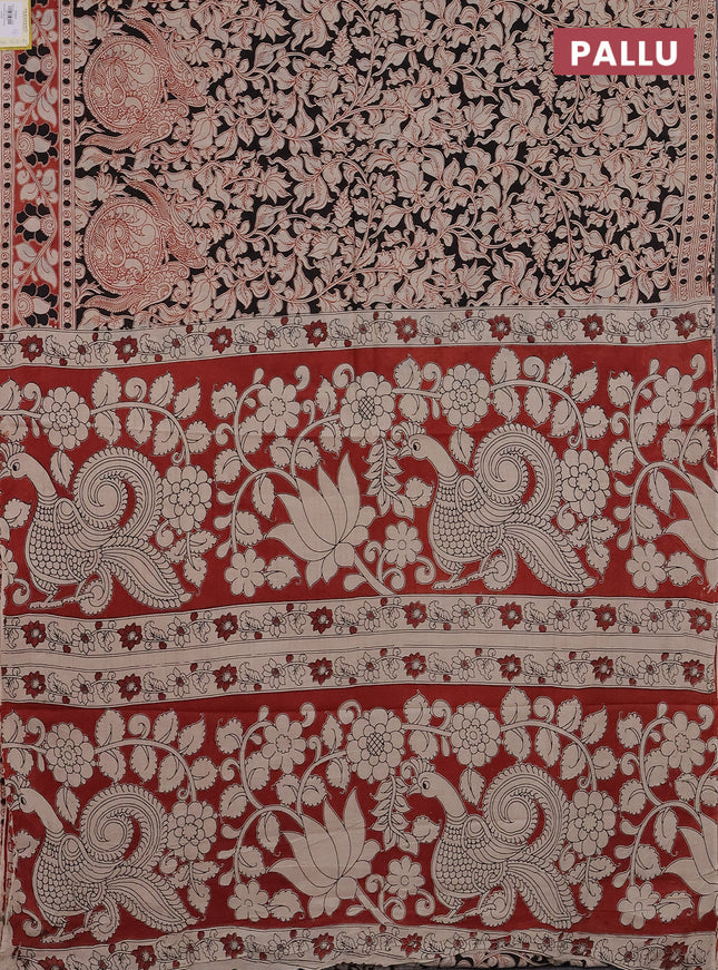 Kalamkari cotton saree black and maroon with allover prints and printed border