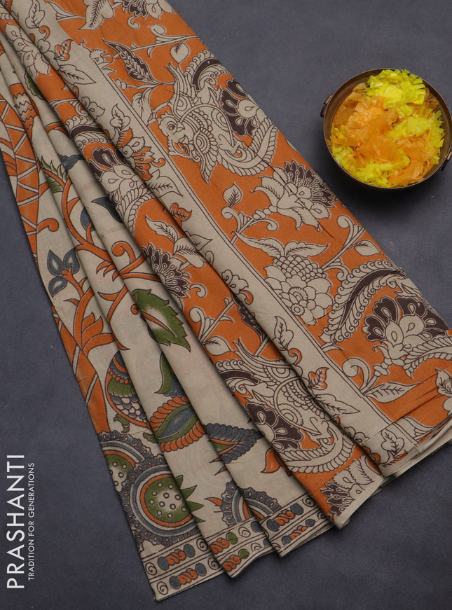 Kalamkari cotton saree beige and orange green with allover prints and printed border