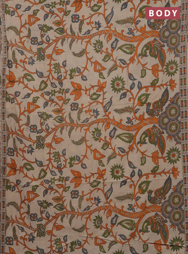 Kalamkari cotton saree beige and orange green with allover prints and printed border