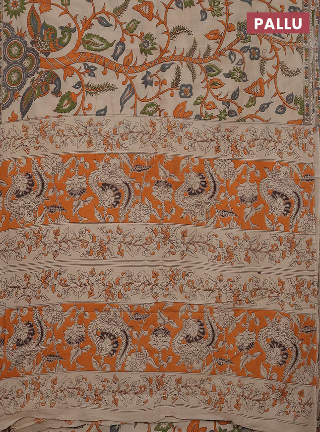 Kalamkari cotton saree beige and orange green with allover prints and printed border