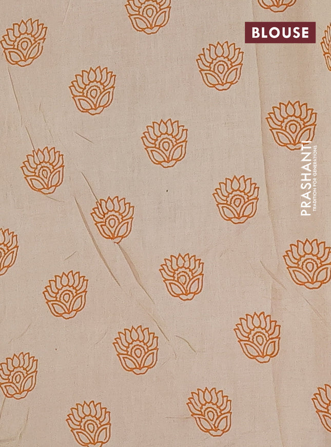 Kalamkari cotton saree beige and orange green with allover prints and printed border